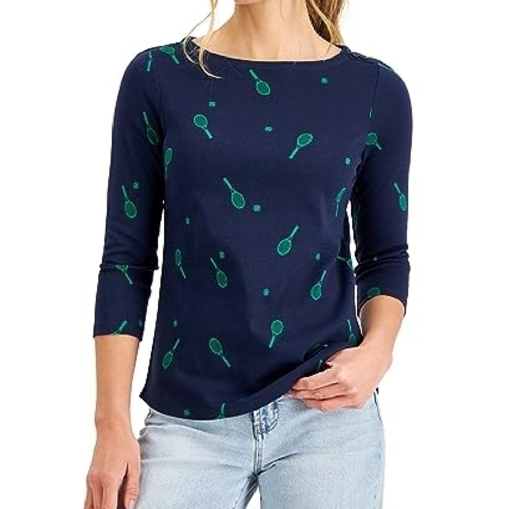 Charter Club Pima Cotton Tennis Print Boat Neck Top Size Small NWT